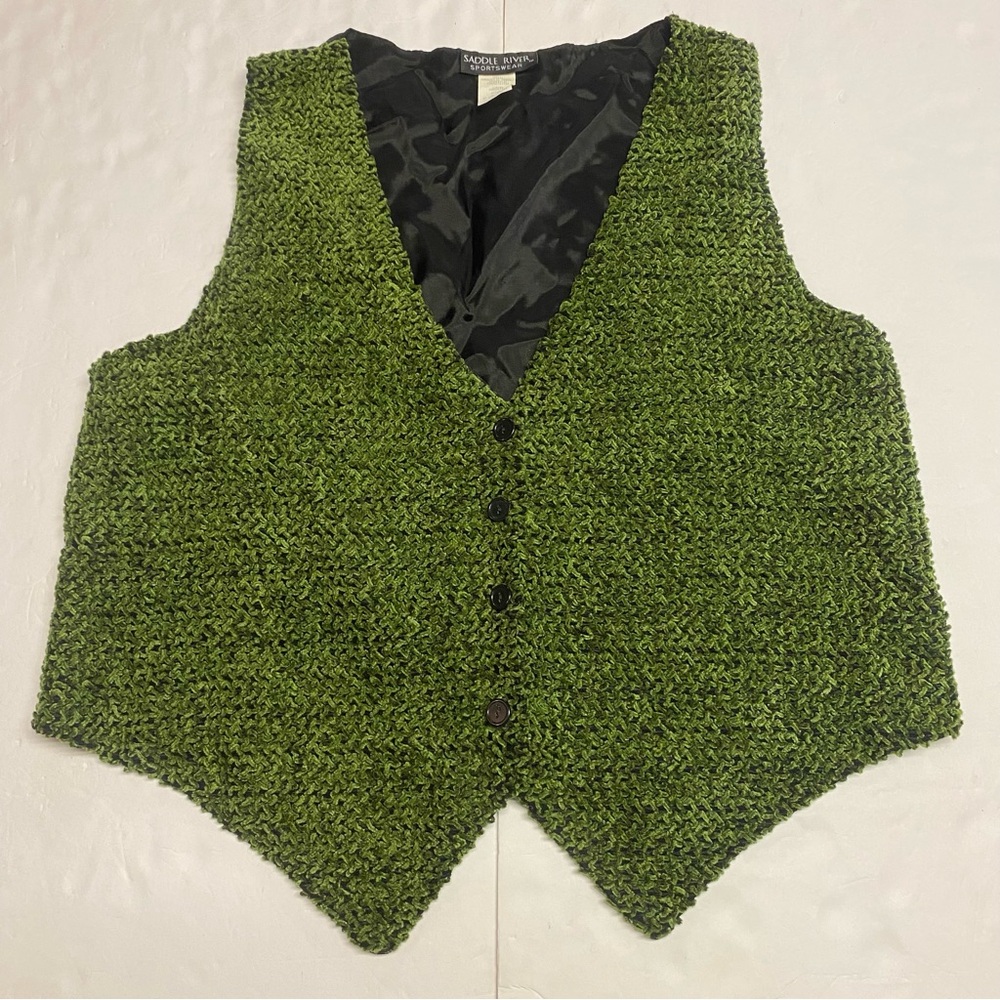 Vintage Green Soft Velvet Feel Fuzzy Carpet Vest Women's Size Medium V-Neck